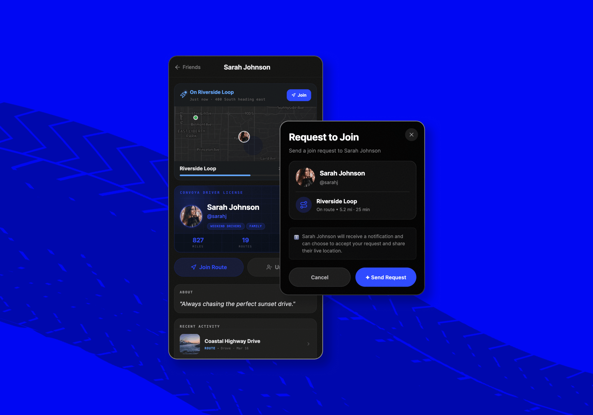 Convoya join drive feature showing driver profile and request to join modal