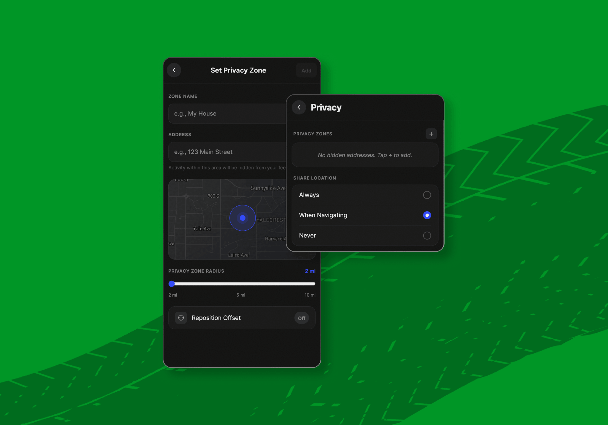 Convoya privacy zones settings showing location sharing controls